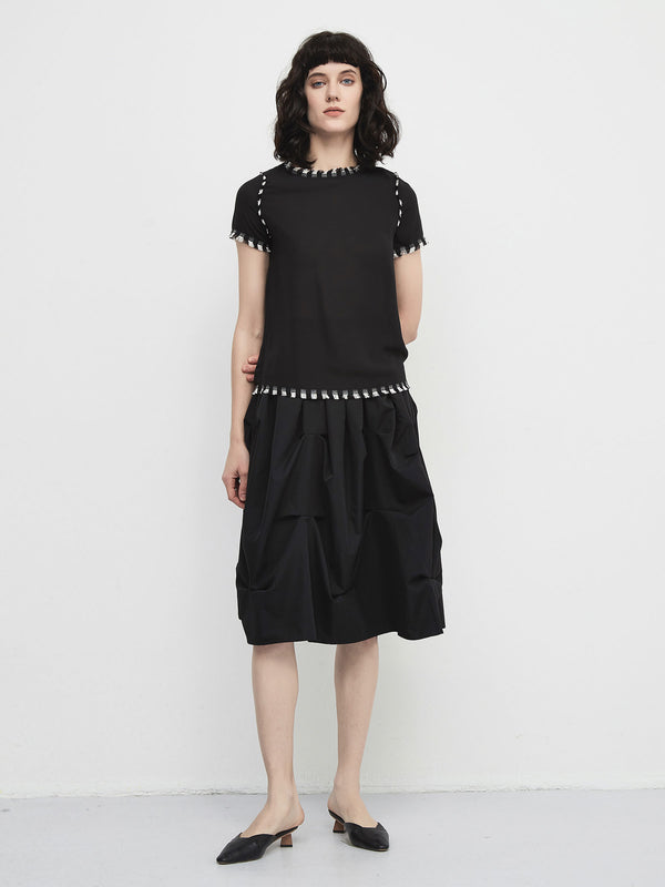 cubic French Round Neck Chiffon Top Black