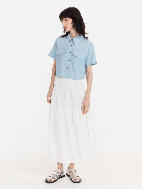 Cubic Fresh Color Lapel Short Shirt SkyBlue