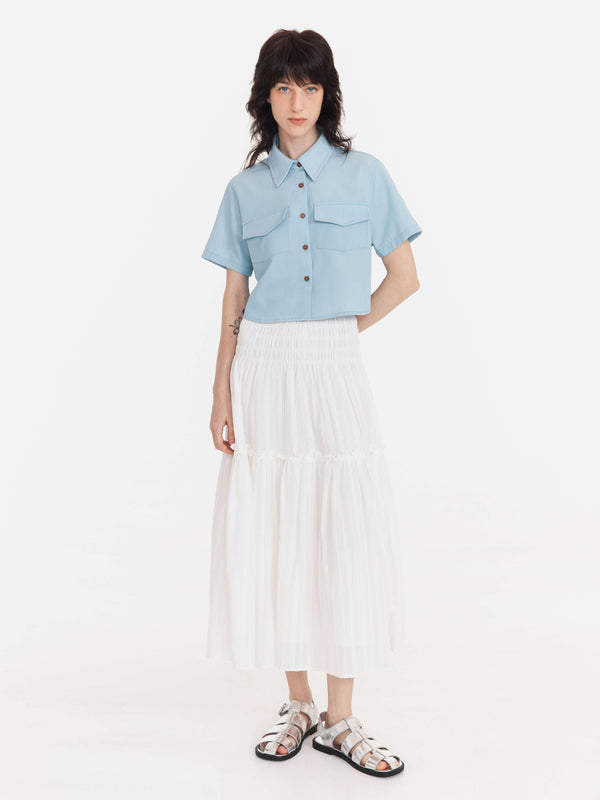 Cubic Fresh Color Lapel Short Shirt SkyBlue