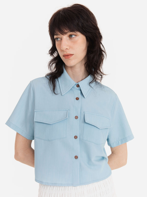 Cubic Fresh Color Lapel Short Shirt SkyBlue