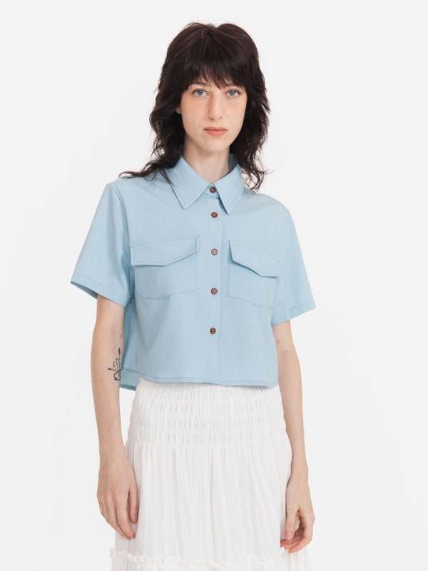cubic Fresh Color Lapel Short Shirt SkyBlue