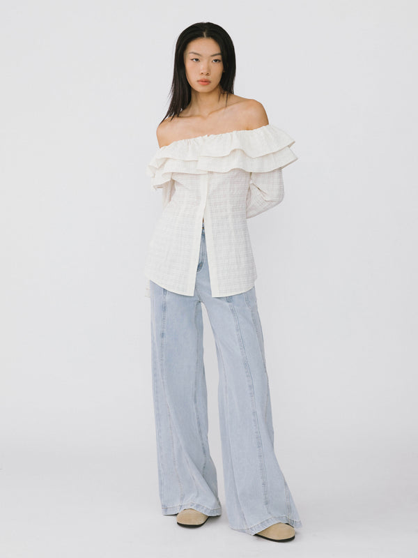 Cubic Frills Volume Off Neckline Shirt White
