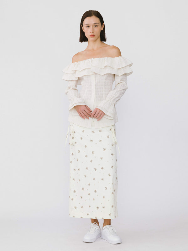 Cubic Frills Volume Off Neckline Shirt White