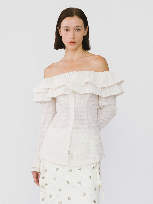 cubic Frills Volume Off Neckline Shirt White