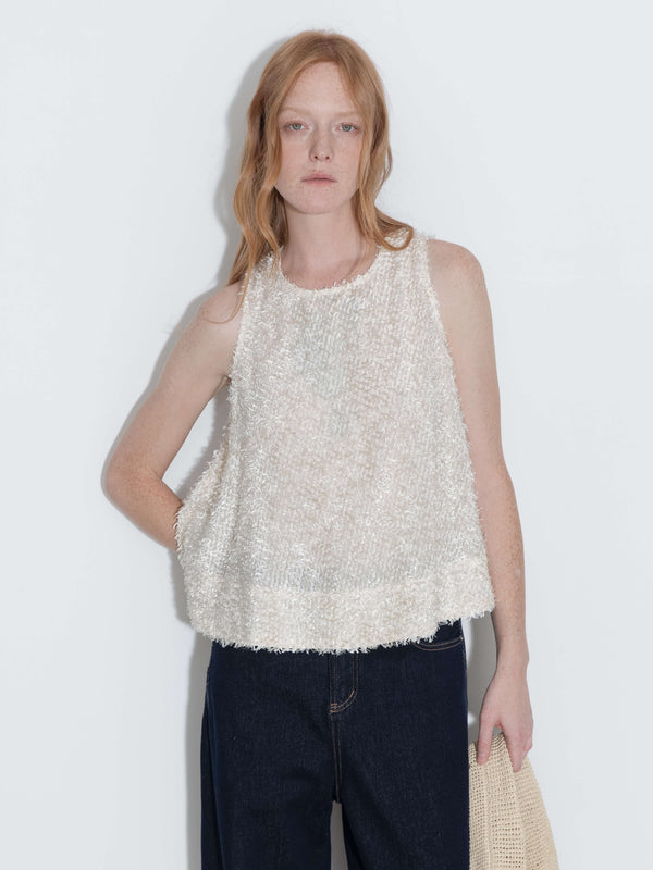Cubic Fringe Feather Sleeveless Vest Beige