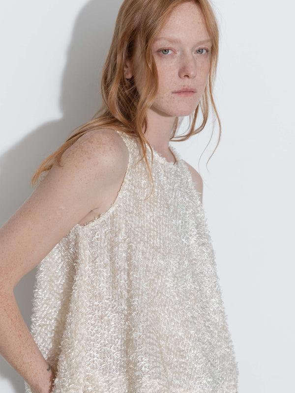 Cubic Fringe Feather Sleeveless Vest Beige