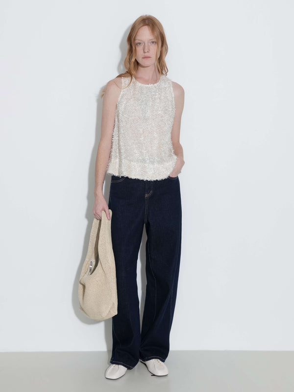 Cubic Fringe Feather Sleeveless Vest Beige