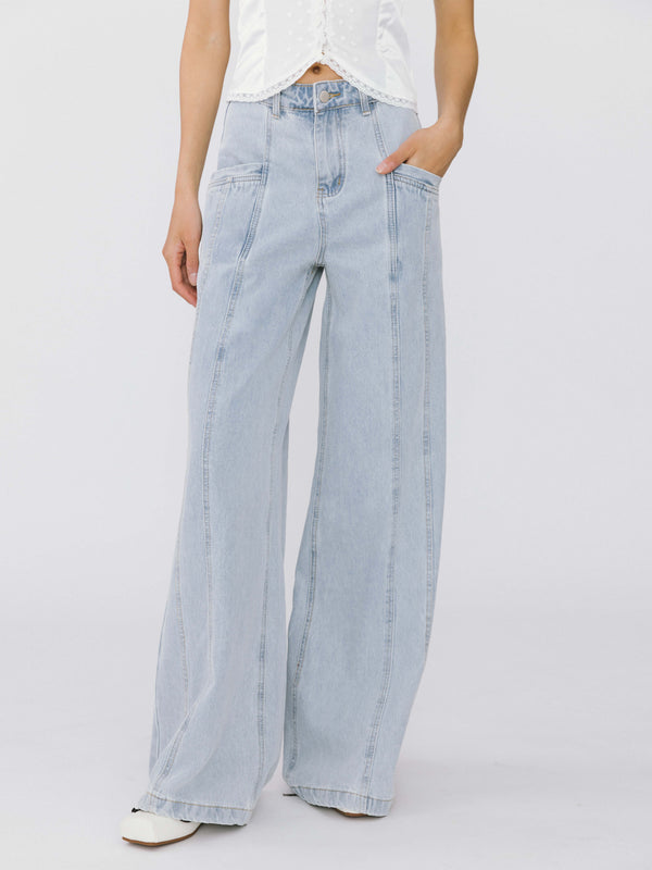 Cubic Front Stitch Wide Leg Jeans Light Blue