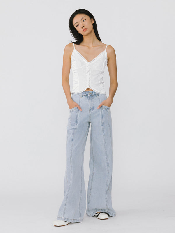 cubic Front Stitch Wide Leg Jeans Light Blue