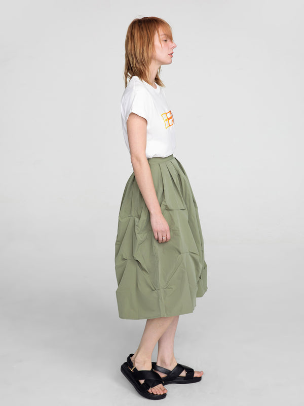 Cubic Gathered A-line Round Skirt Green