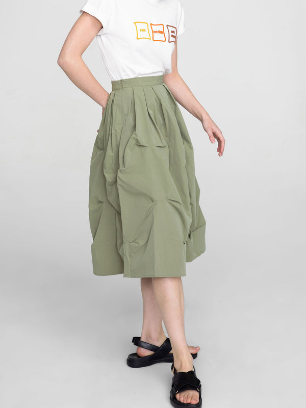 Cubic Gathered A-line Round Skirt Green