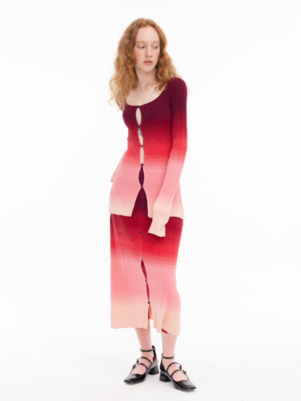 Cubic Gradient Buttoned Knit Midi Skirt Red
