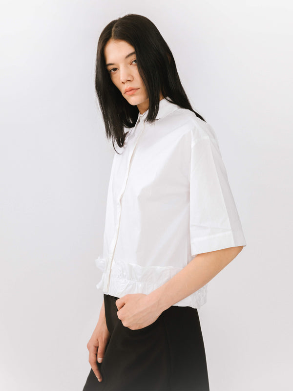 Cubic Half Sleeve Shirt With Ruffled Hem White