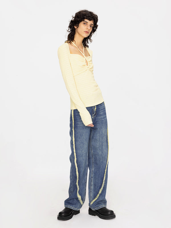 Cubic Halter Neck Long Sleeve Top Yellow