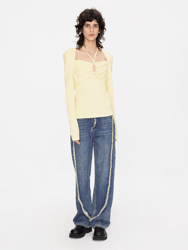 Cubic Halter Neck Long Sleeve Top Yellow