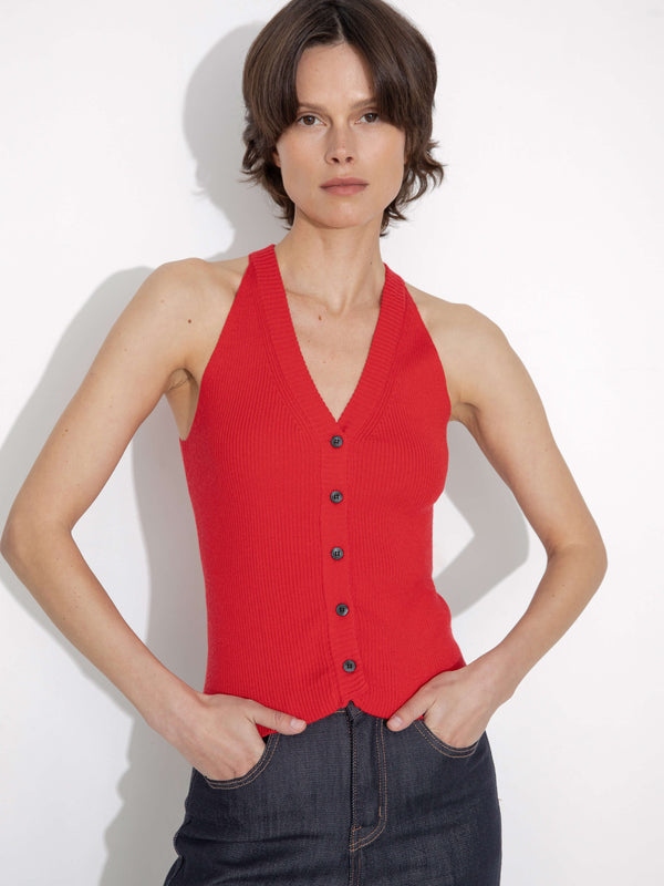 Cubic Halter Neck Off-Shoulder Cardigan Vest Red