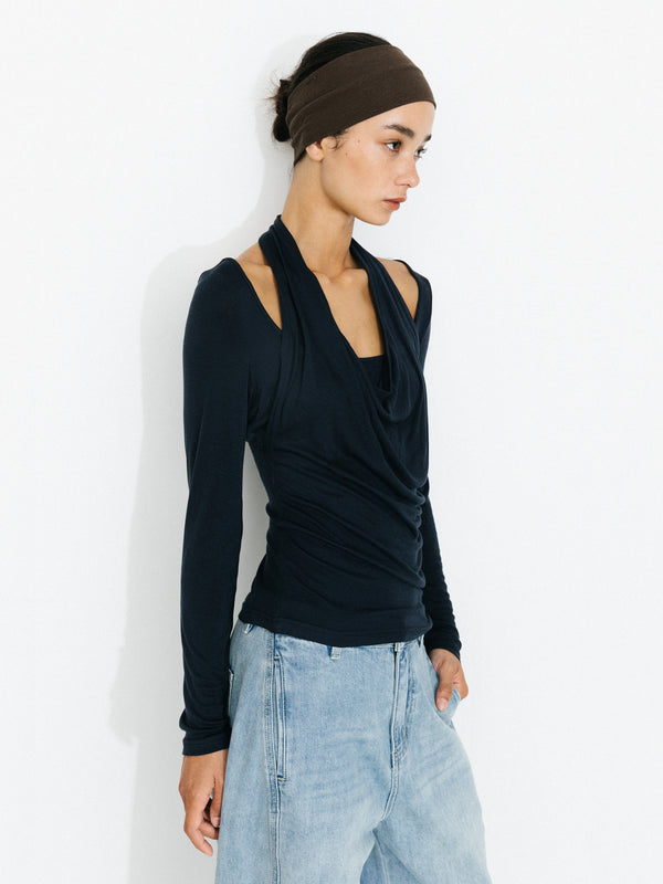 Cubic Halter V-Neck Long-Sleeve T-Shirt Navy