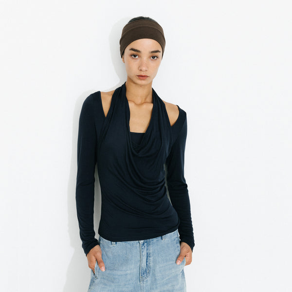 Cubic Halter V-Neck Long-Sleeve T-Shirt Navy