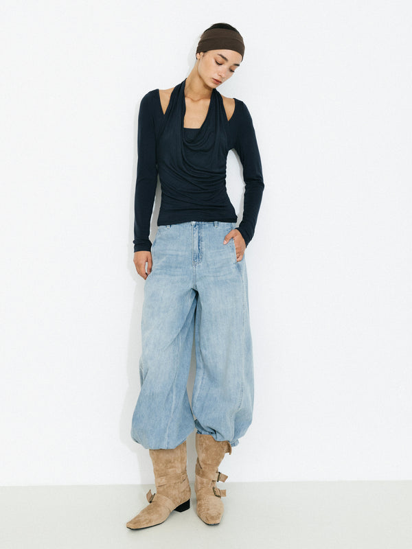 cubic Halter V-Neck Long-Sleeve T-Shirt Navy