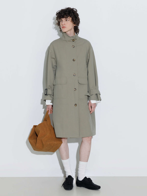 Cubic High Collar Long Trench Coat Gray