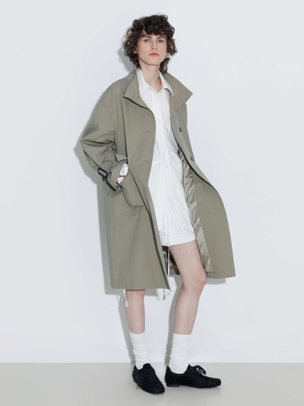 cubic High Collar Long Trench Coat Gray