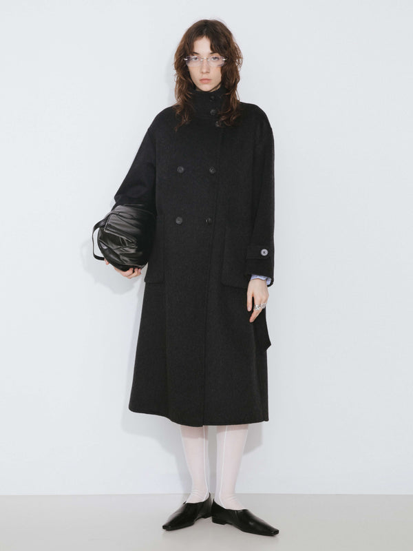 Cubic High Collar Tailored Wool Long Coat Gray