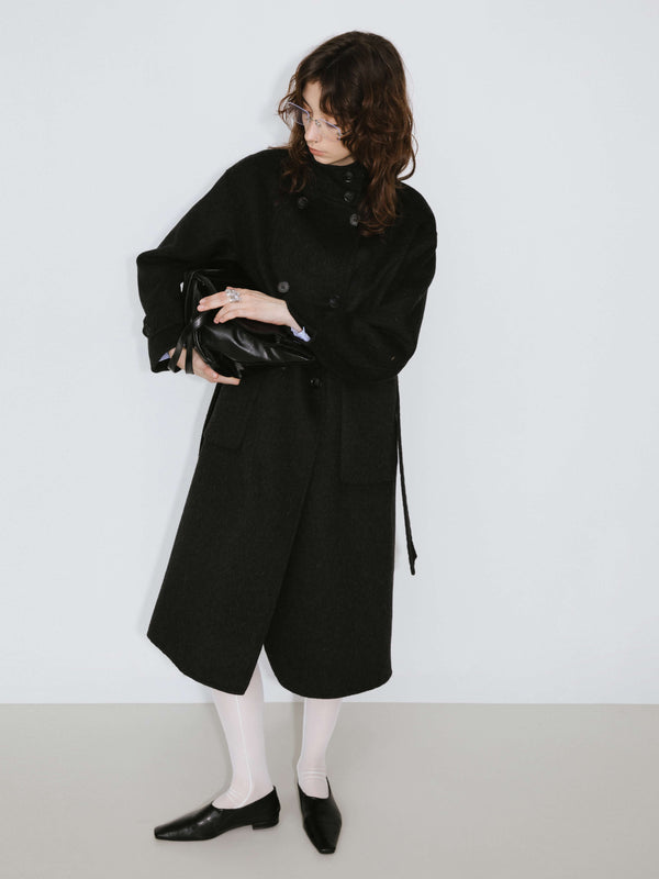 Cubic High Collar Tailored Wool Long Coat Gray