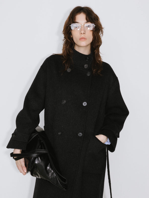 Cubic High Collar Tailored Wool Long Coat Gray
