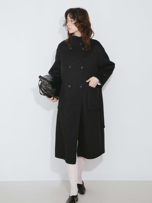 cubic High Collar Tailored Wool Long Coat Gray