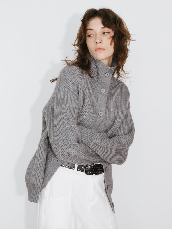 Cubic High Neck Boxy Knit Cardigan Gray