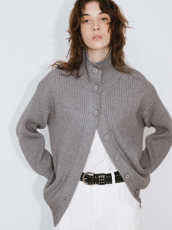 Cubic High Neck Boxy Knit Cardigan Gray