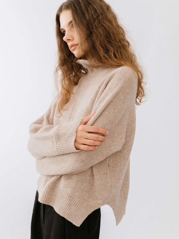 Cubic High Neck Sheep Wool Sweater FloralWhite