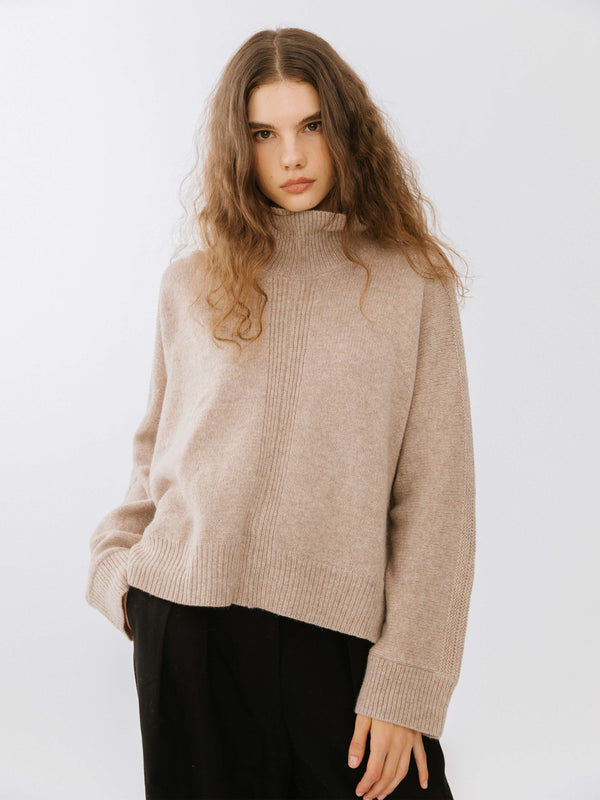 cubic High Neck Sheep Wool Sweater FloralWhite