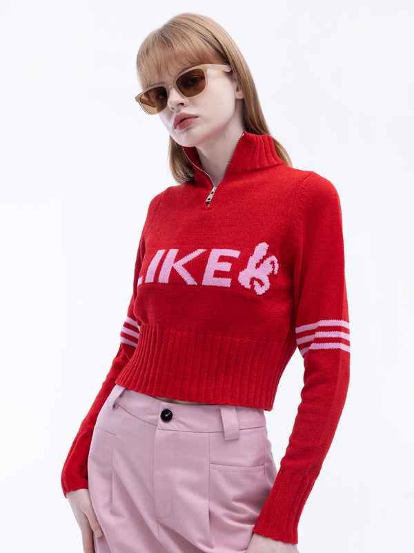 Cubic High Neck Zip Up Crop Knit Top Red