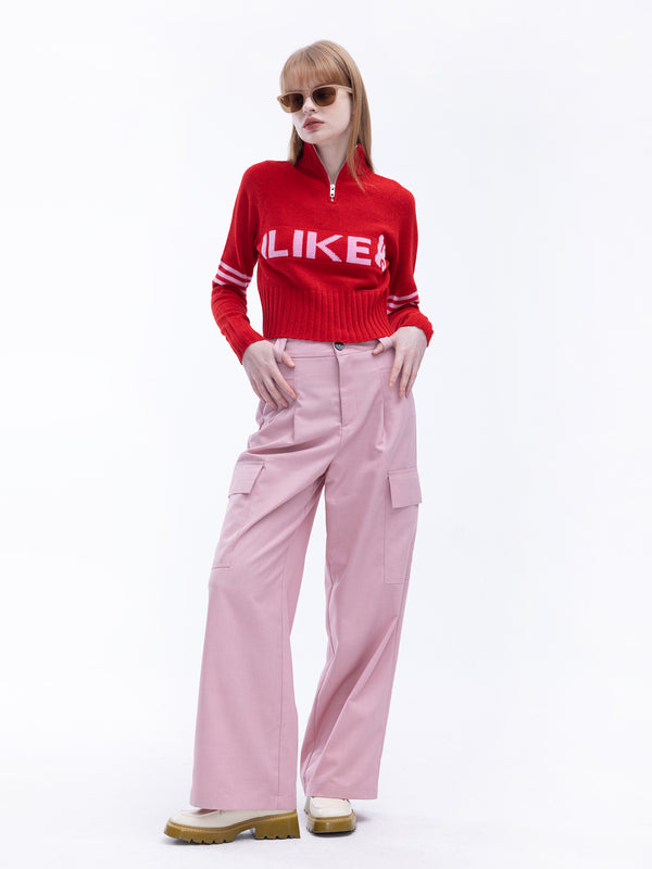 Cubic High Neck Zip Up Crop Knit Top Red