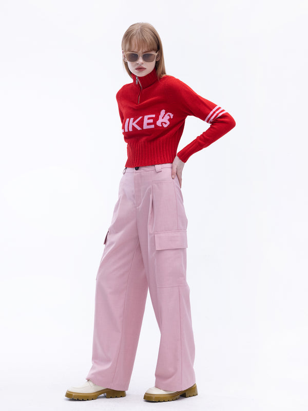 Cubic High Neck Zip Up Crop Knit Top Red