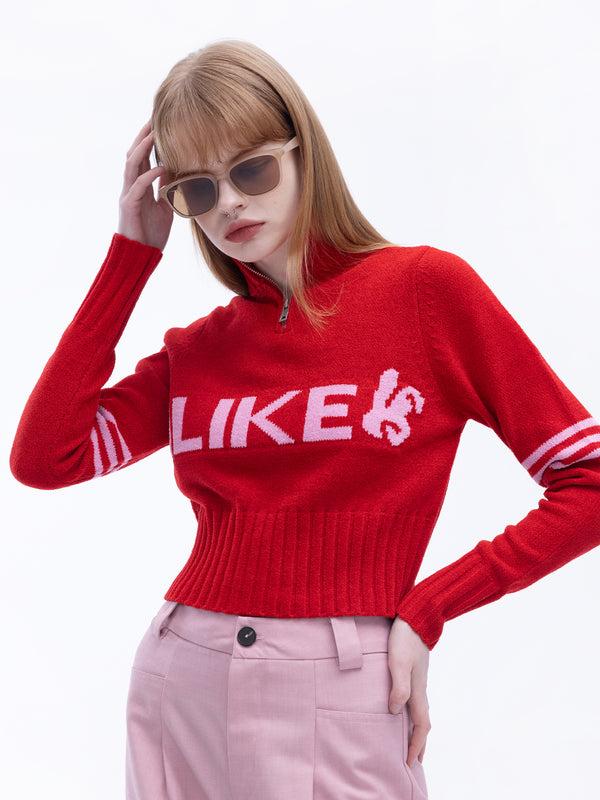 cubic High Neck Zip Up Crop Knit Top Red