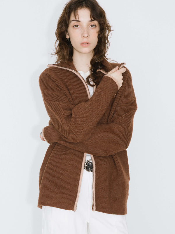 Cubic High Neck Zip Up Knit Cardigan Wheat