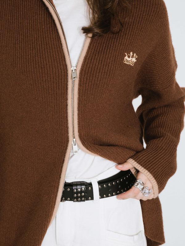 Cubic High Neck Zip Up Knit Cardigan Wheat