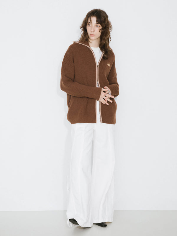 cubic High Neck Zip Up Knit Cardigan Wheat