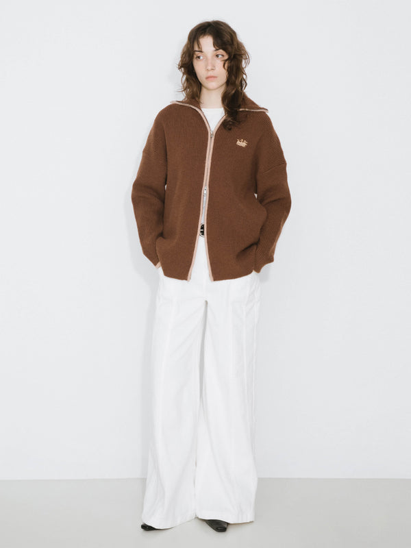 Cubic High Neck Zip Up Knit Cardigan Wheat
