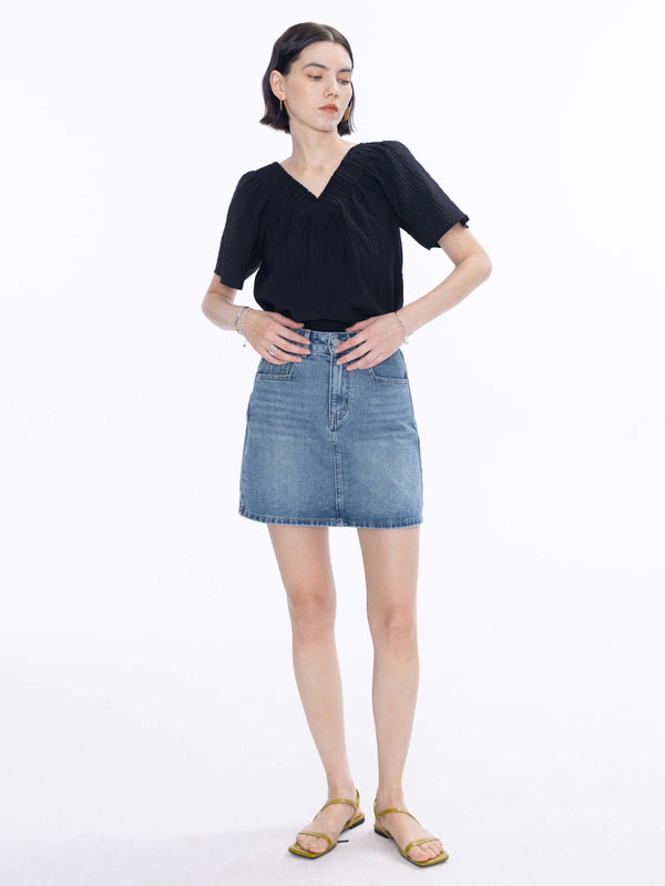 Cubic High Rise Denim Mini Skirt SteelBlue