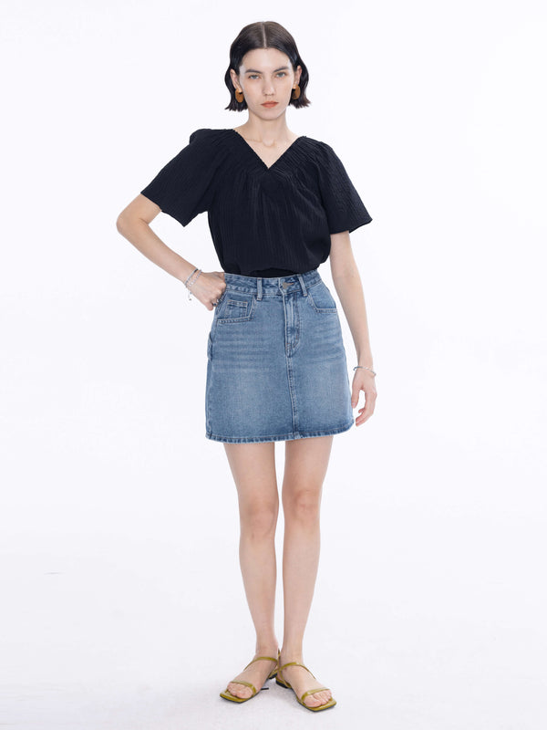 Cubic High Rise Denim Mini Skirt SteelBlue