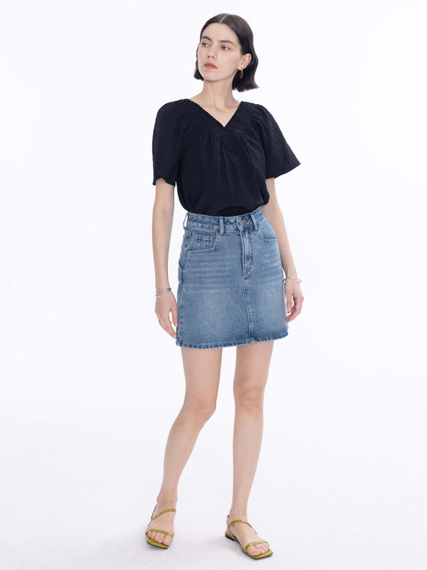 Cubic High Rise Denim Mini Skirt SteelBlue