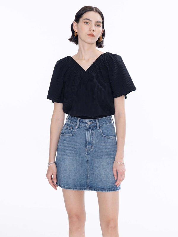 cubic High Rise Denim Mini Skirt SteelBlue