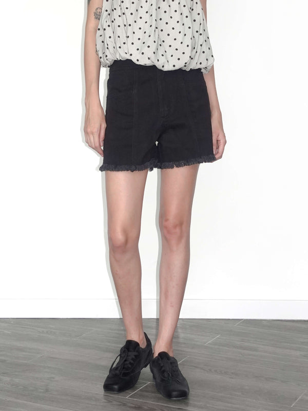 cubic High Rise Denim Shorts with Raw Edge Black