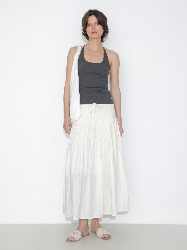 Cubic High-Waist Drawstring Pleated Skirt Beige
