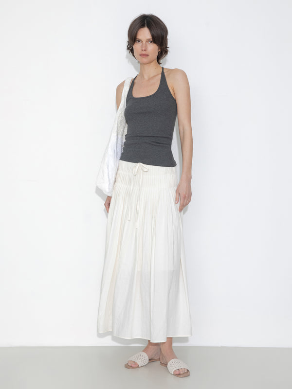 cubic High-Waist Drawstring Pleated Skirt Beige