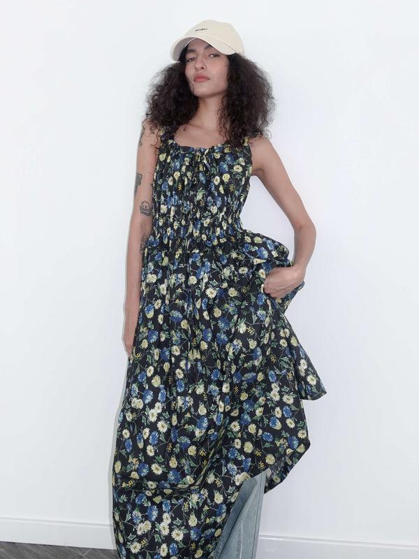 Cubic High Waist Floral Sling Dress Black