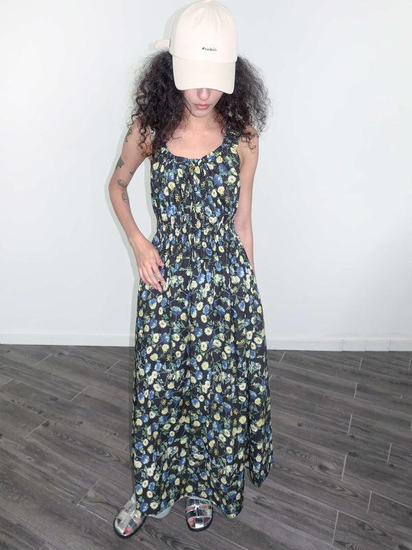 Cubic High Waist Floral Sling Dress Black